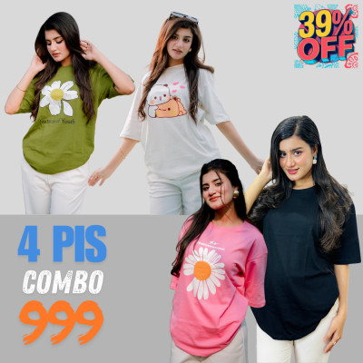 ৪ পিস টি-শার্ট কম্বো ৯৯৯ টাকা (Flower Pink / Solid Black / Summer of youth Olive / Teddy White)